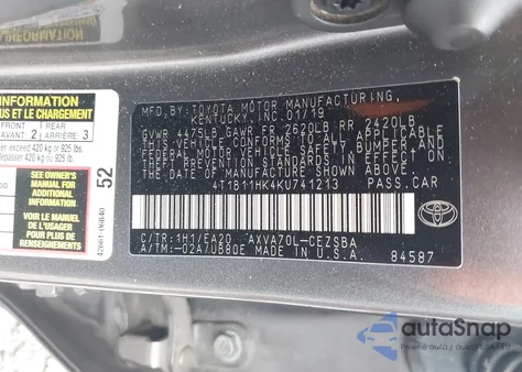 2019 Toyota Camry Se from USA, damaged, VIN 4T1B11HK4KU741213
